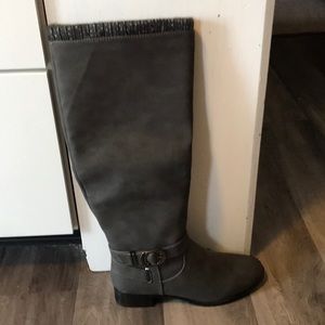 Dark gray, knee high, sweater cuff boots